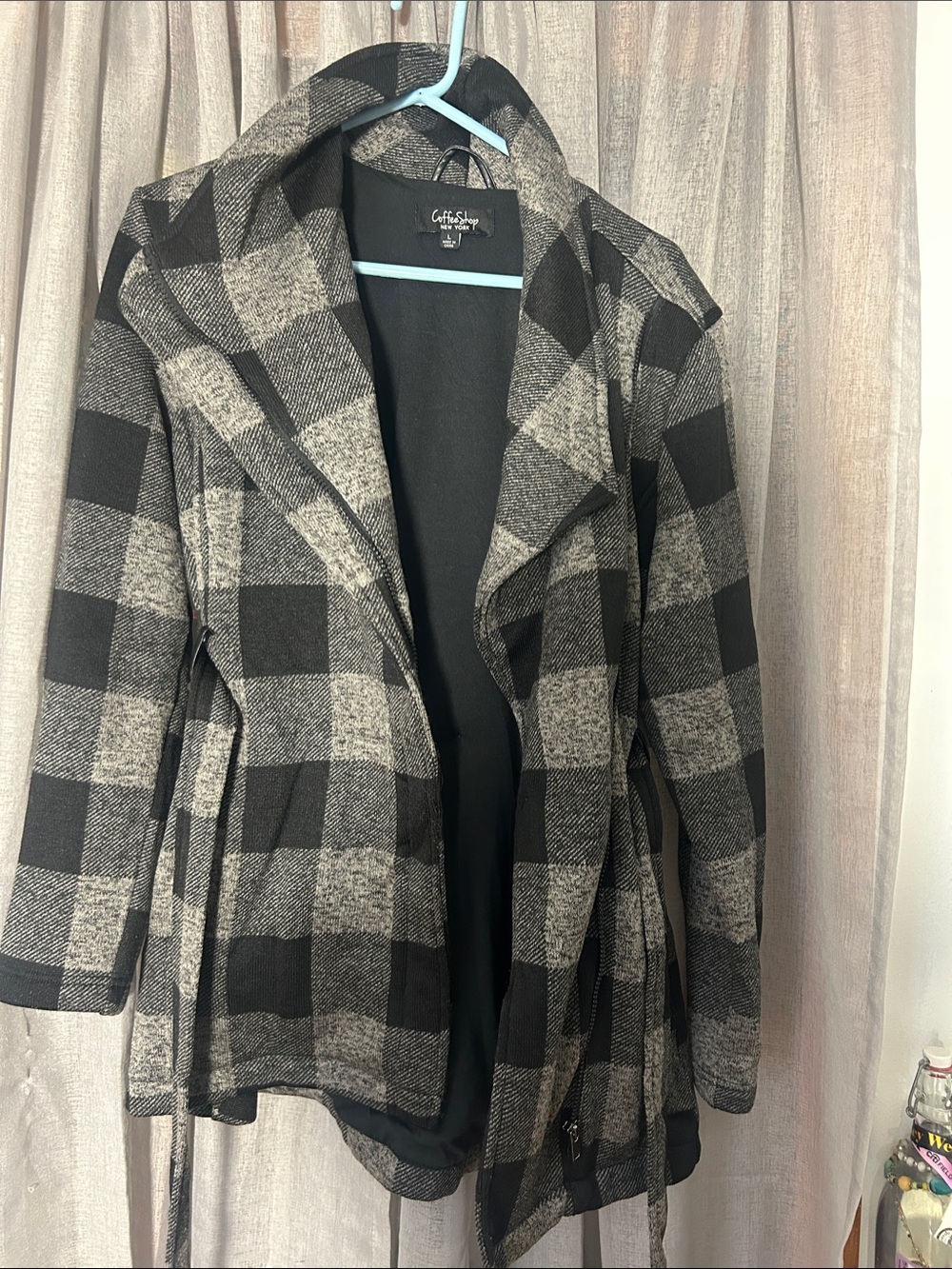 Cathy Daniels Black & Gray Plaid Open-Front Trench Coat